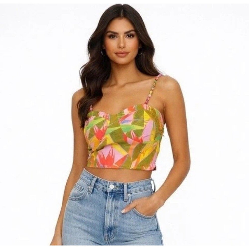 Farm Rio x Anthropologie Floral Crop Top Beaded Straps Pink Cotton M NWOT - Picture 8 of 12